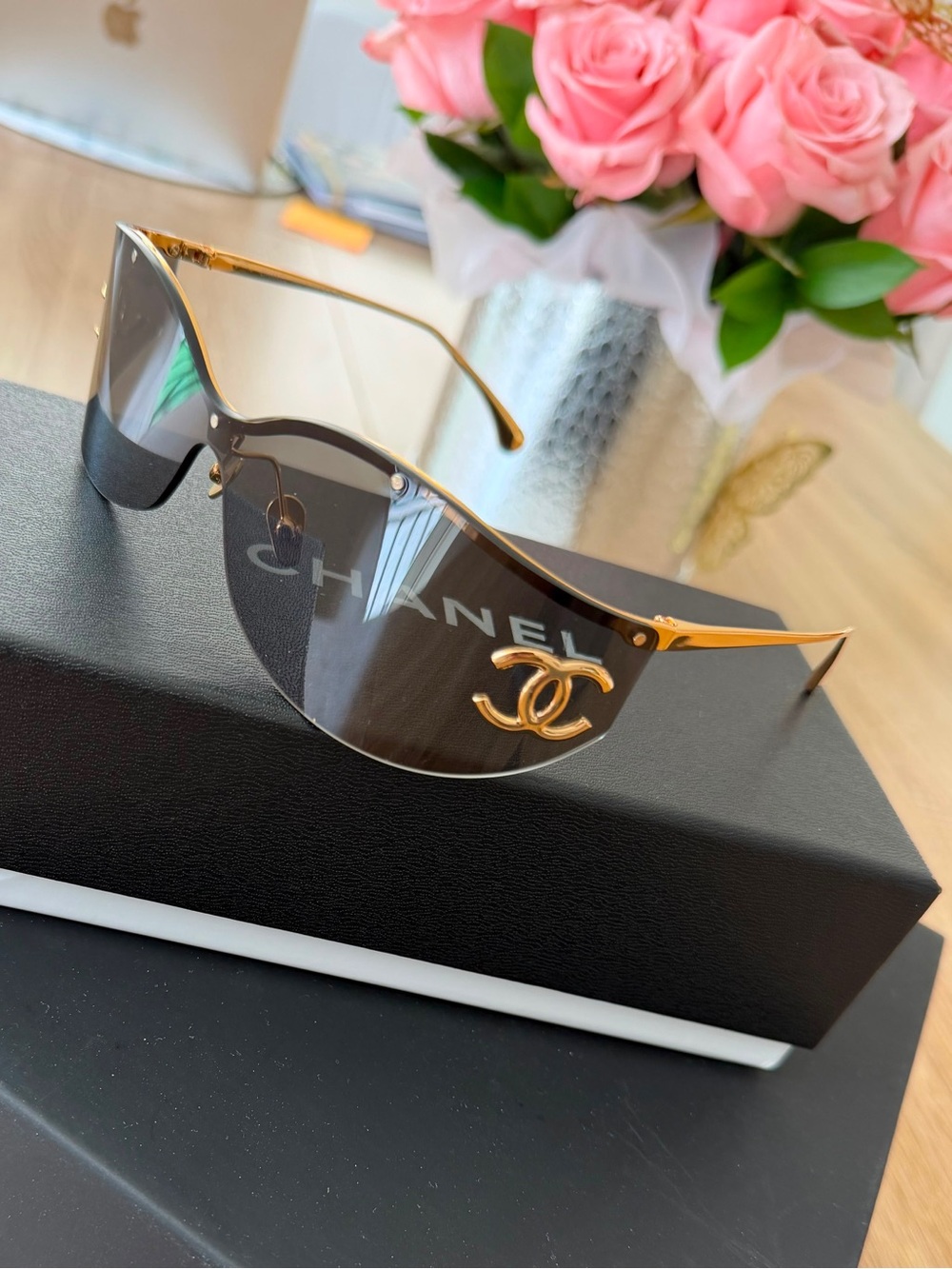 CHANEL Black Lens Sunglasses with Gold CC Accent